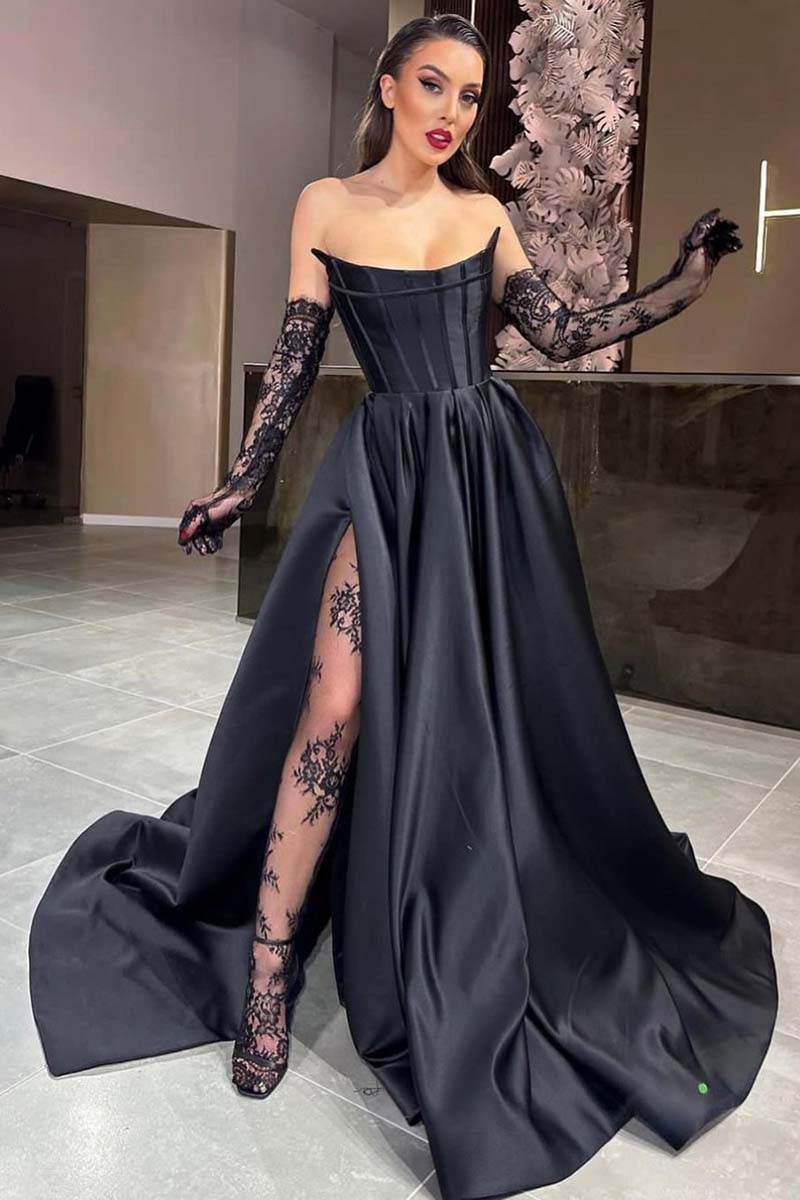 L1405 - Strapless Sleeveless Rcuhed Satin A-Line Long Evening Party Dress With Slit
