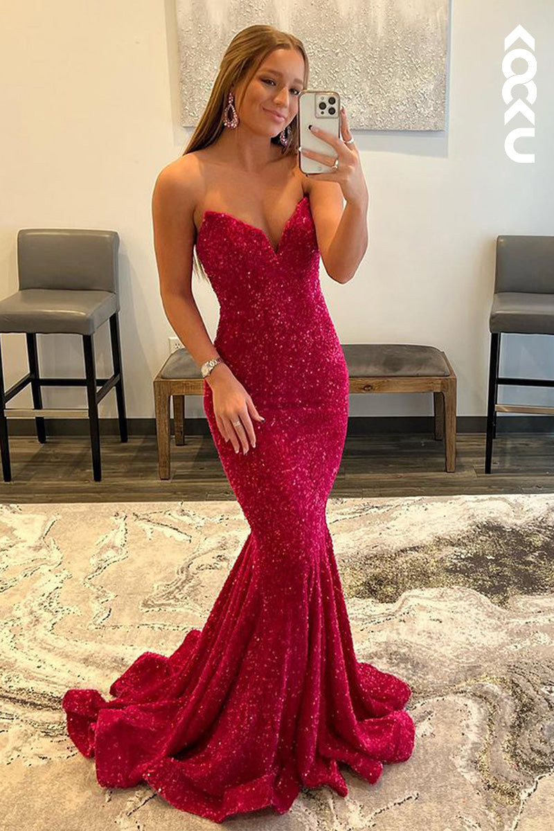 L1406 - V-Neck Strapless Sequined Mermaid Long Prom Dress With Sweep Train