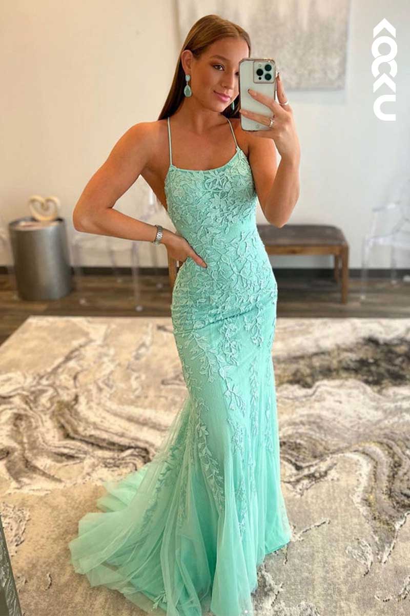 L1408 - Spaghetti Straps Lace Appliqued Lace-Up Tulle Long Prom Dress