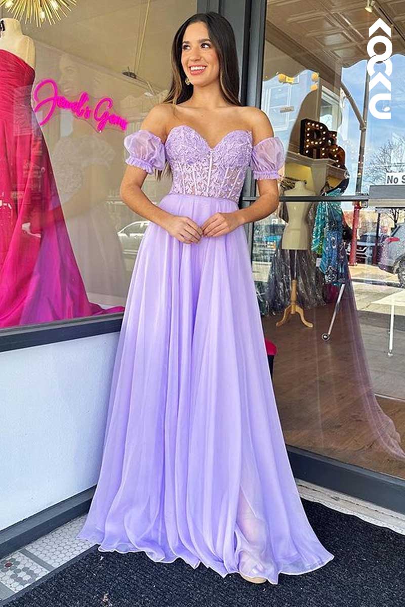 L1410 - Sweetheart Strapless Lace Appliqued Long Prom Dress With Detachable Sleeves