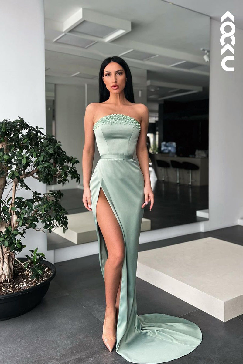 L1673 - Strapless Beaded Satin Sheath Long Prom Evening Gown With Slit