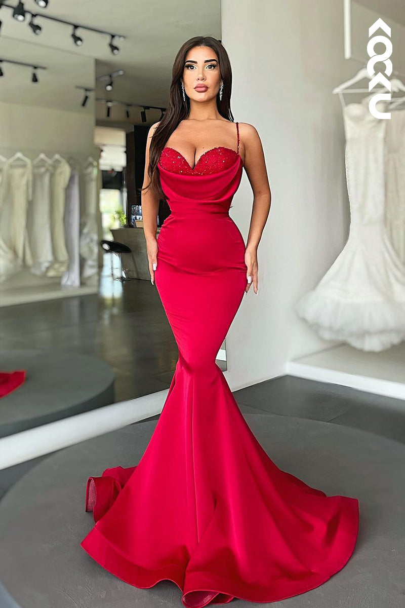 L1679 - Sweetheart Spaghetti Straps Satin Mermaid Long Prom Evening Gown
