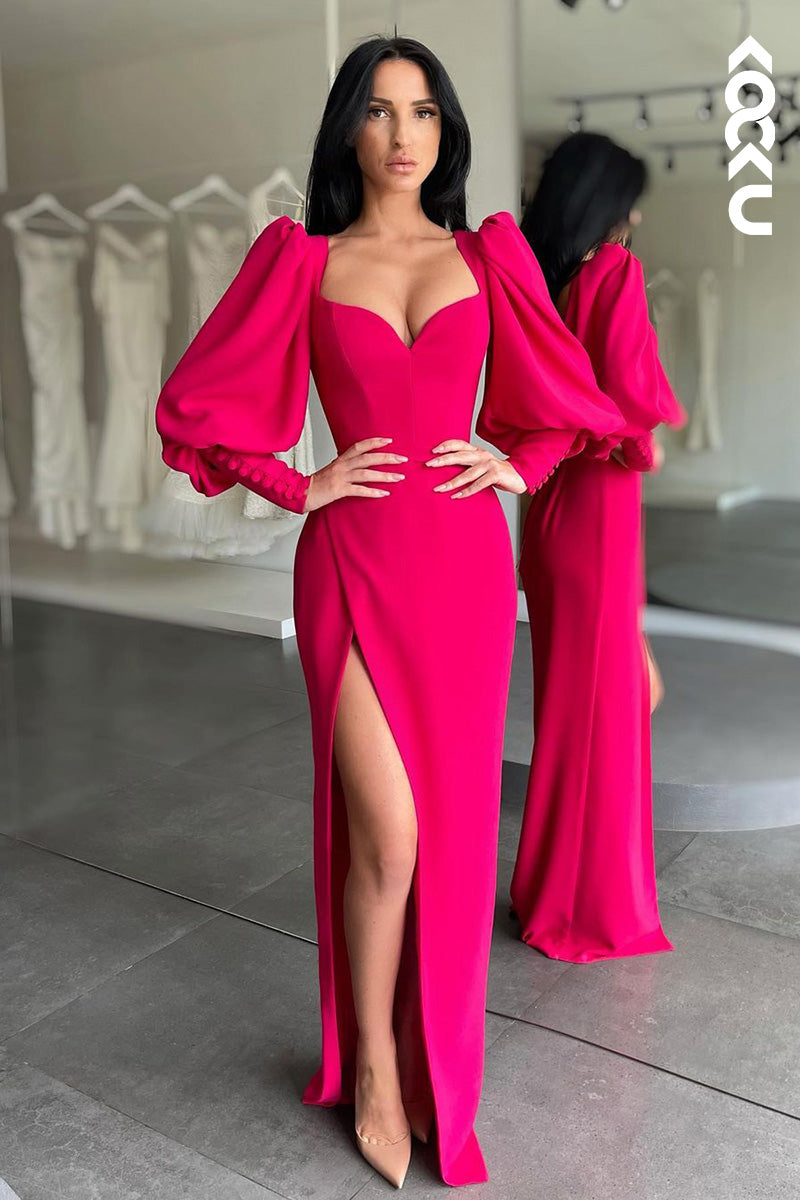 L1680 - V-Neck Long Sleeves Satin Sheath Long Prom Evening Gown With Slit