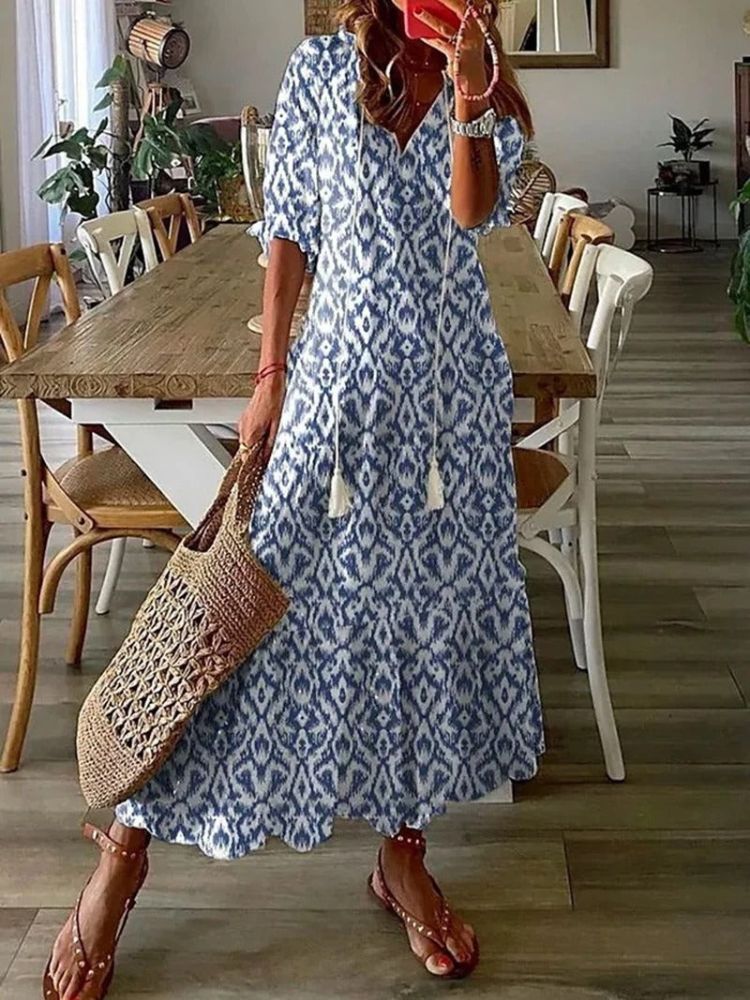Paisley Print V-Neck Short Sleeve Scalloped Hem Relaxed Maxi Dress 5
