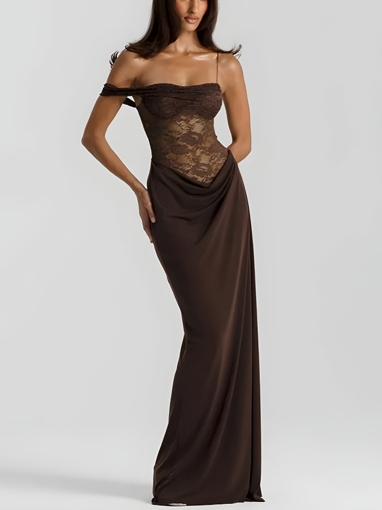 Lace Corset Sweetheart Cold-Shoulder Draped Waist Column Maxi Gown