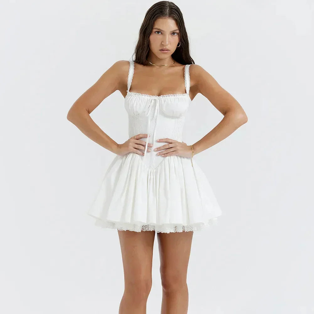 Square Neck Lace Trim Smocked Corset Ruffle Hem Mini Dress 2