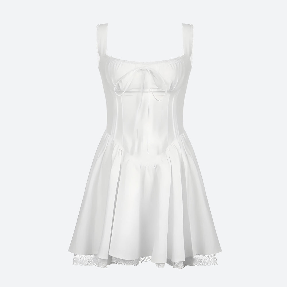 Square Neck Lace Trim Smocked Corset Ruffle Hem Mini Dress 5