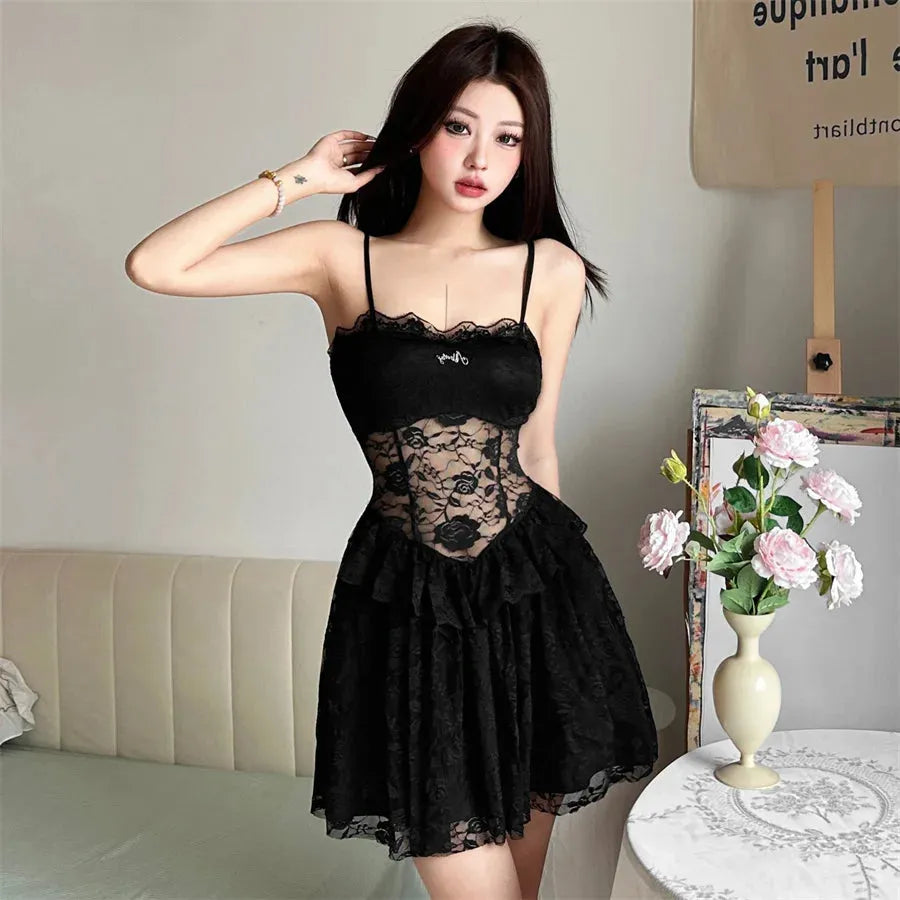 Floral Lace Sheer Waist Tiered Ruffle Spaghetti Strap Mini Dress