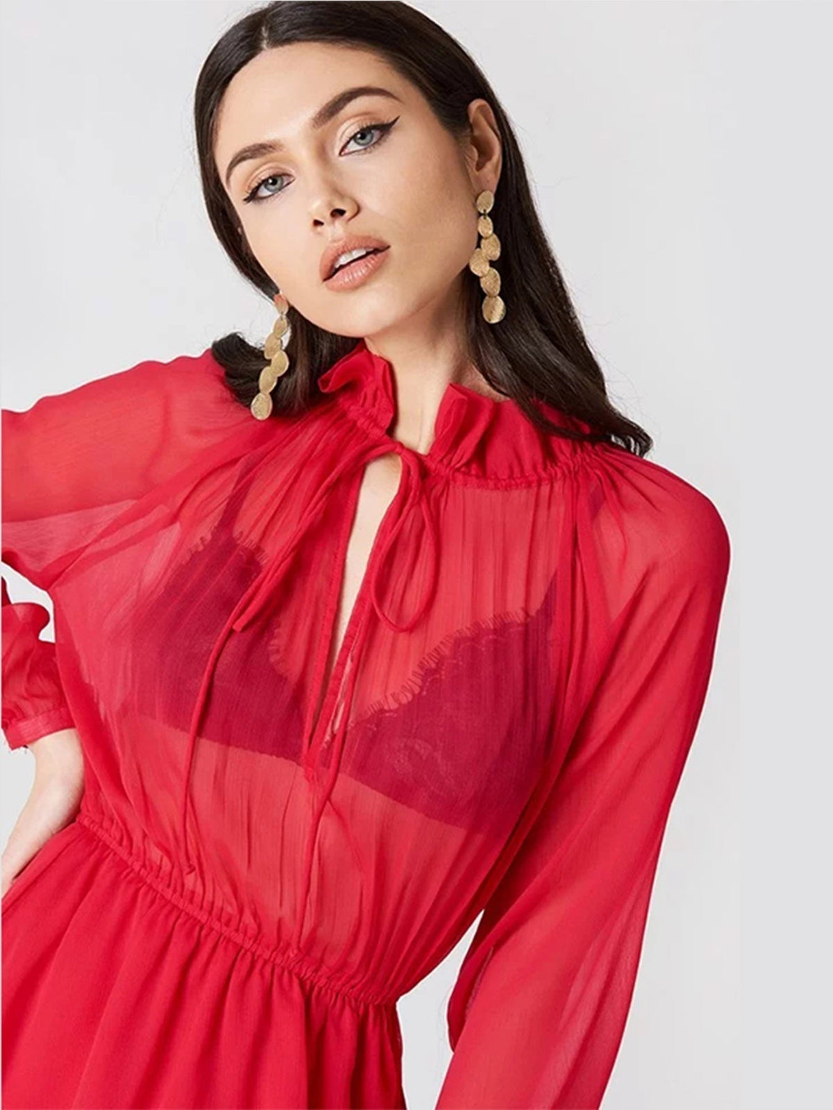 Sheer Ruffle Tie Neck Puff Sleeve Smocked Waist Tiered Mini Dress 3