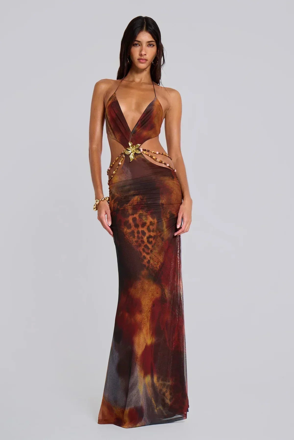 Halter Deep V Waist Cutout Beaded Print Mesh Maxi Dress