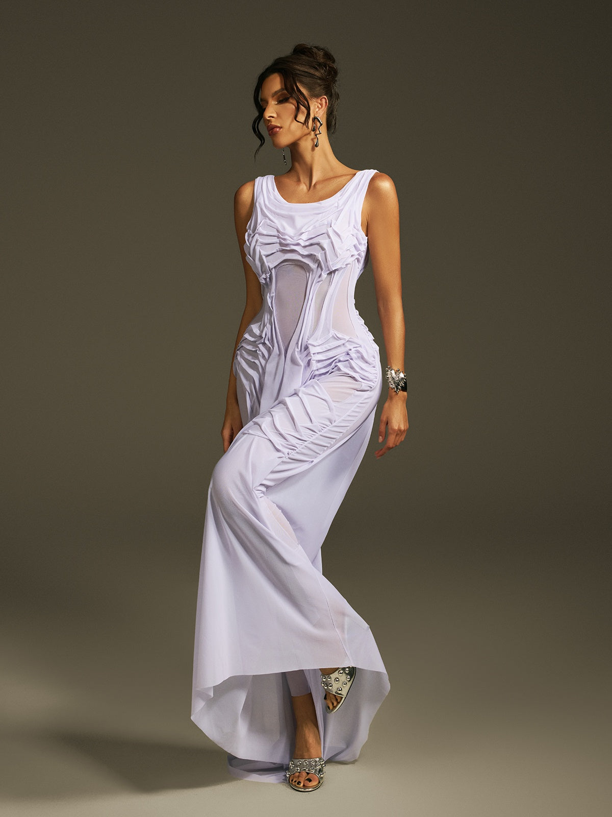 Scoop Neck Mesh Panel Architectural Pleat Draped Maxi Gown 2