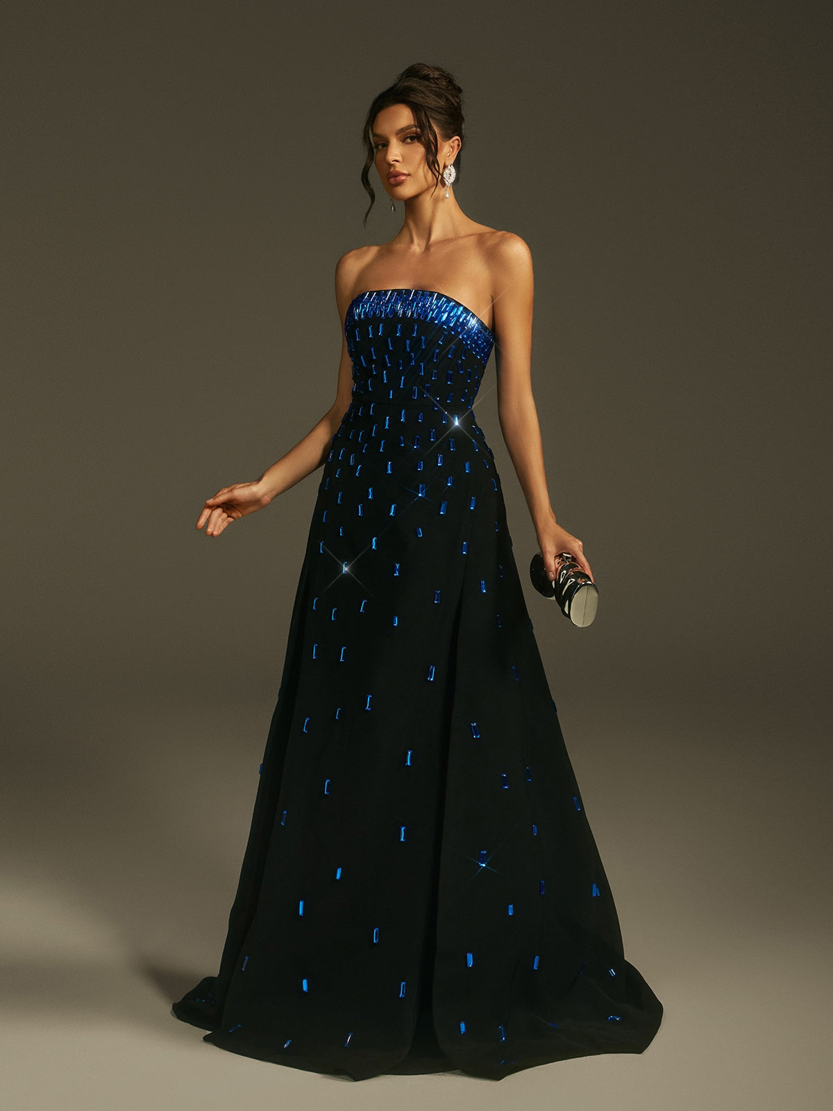 Strapless Baguette Crystal Embellished High Slit Column Maxi Gown 5