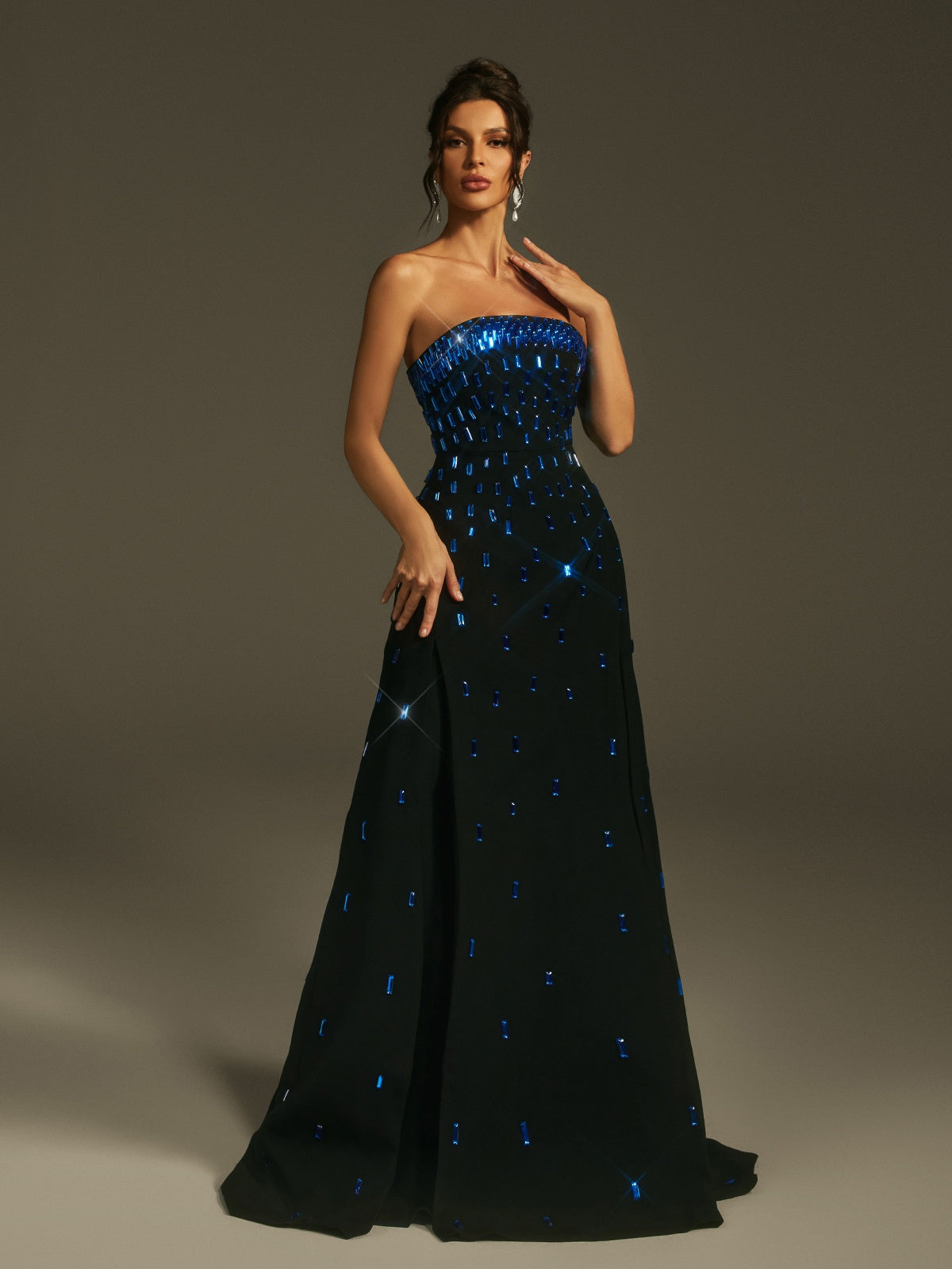 Strapless Baguette Crystal Embellished High Slit Column Maxi Gown
