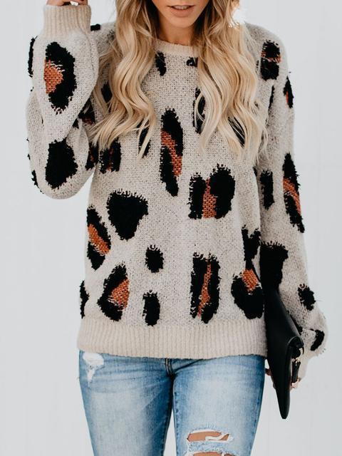 Leopard Knit Round Neck Sweater