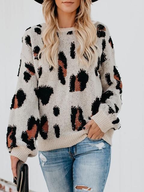 Leopard Knit Round Neck Sweater