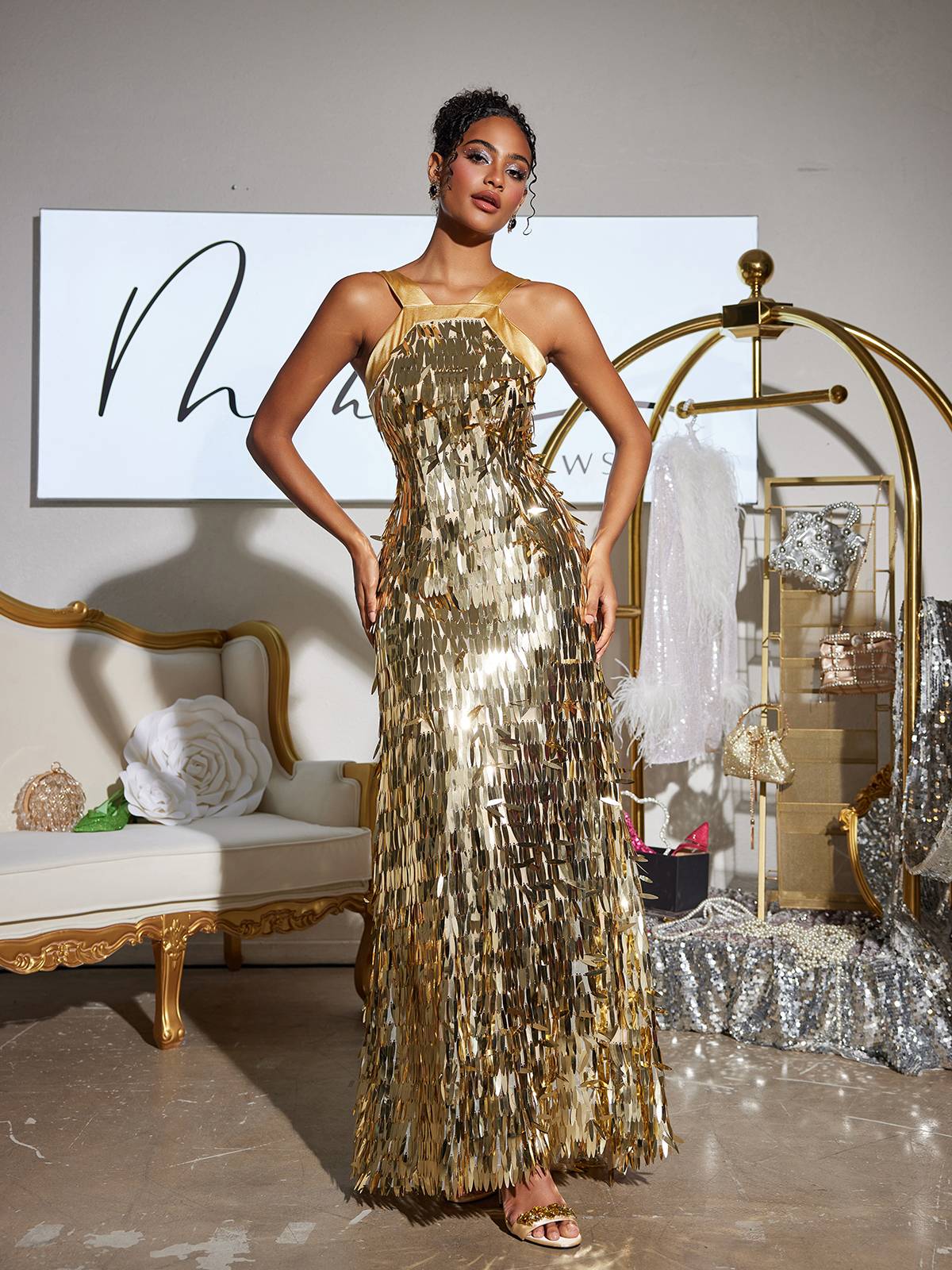 Halter Neck Vertical Sequin Fringe Column Maxi Gown