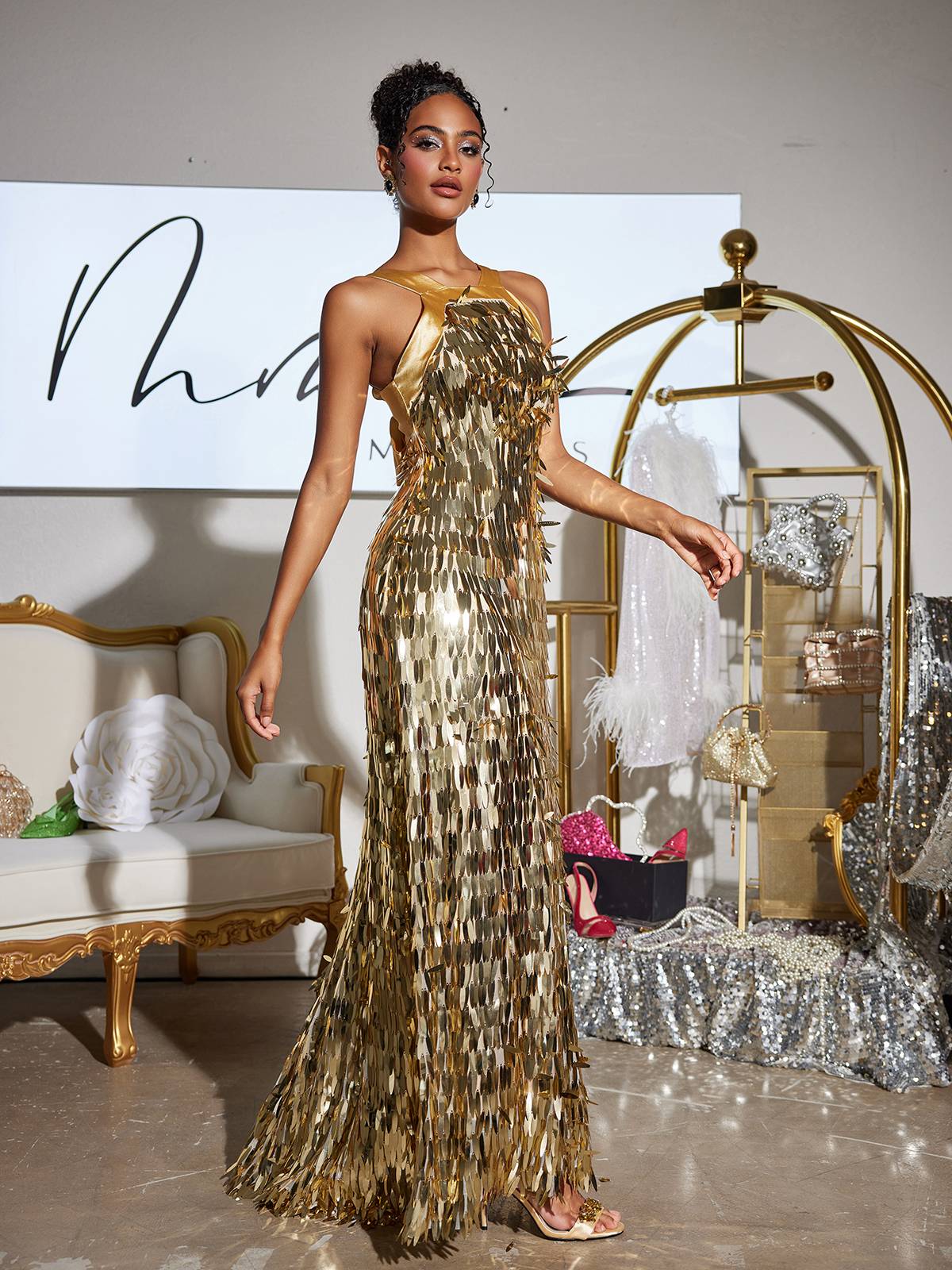 Halter Neck Vertical Sequin Fringe Column Maxi Gown 6