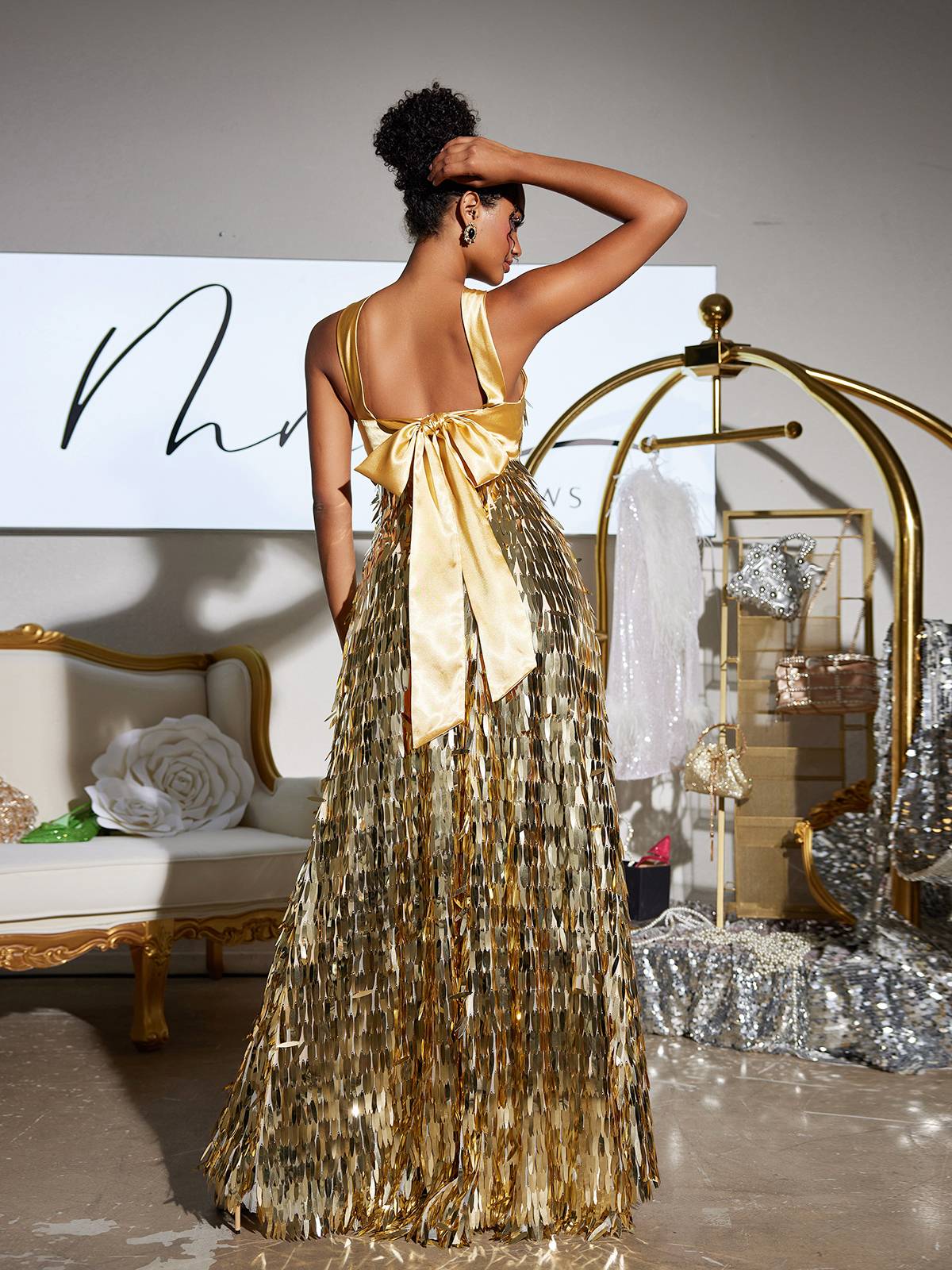 Halter Neck Vertical Sequin Fringe Column Maxi Gown 2