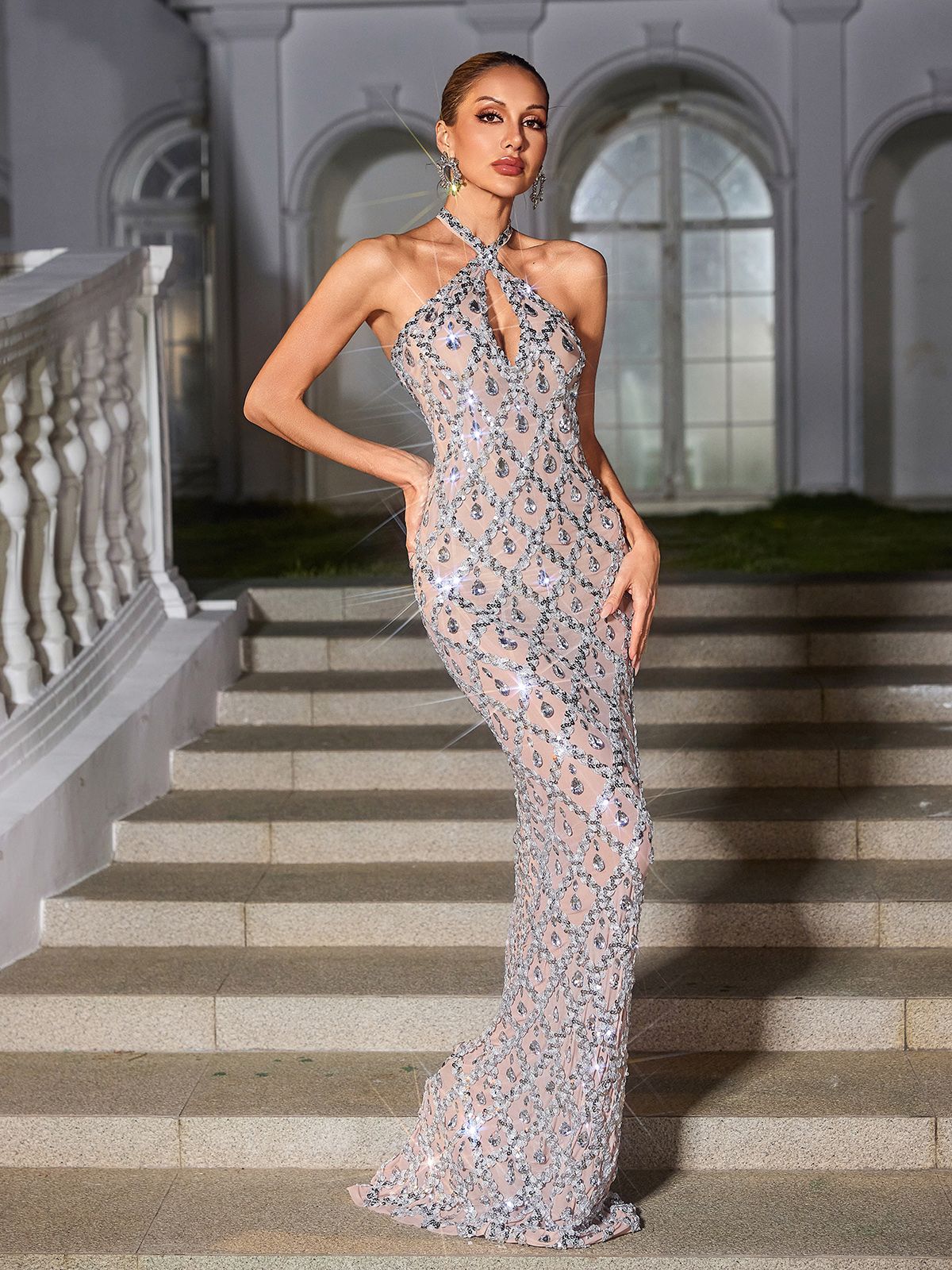 Backless Sequin Crystal Column Maxi Gown 2