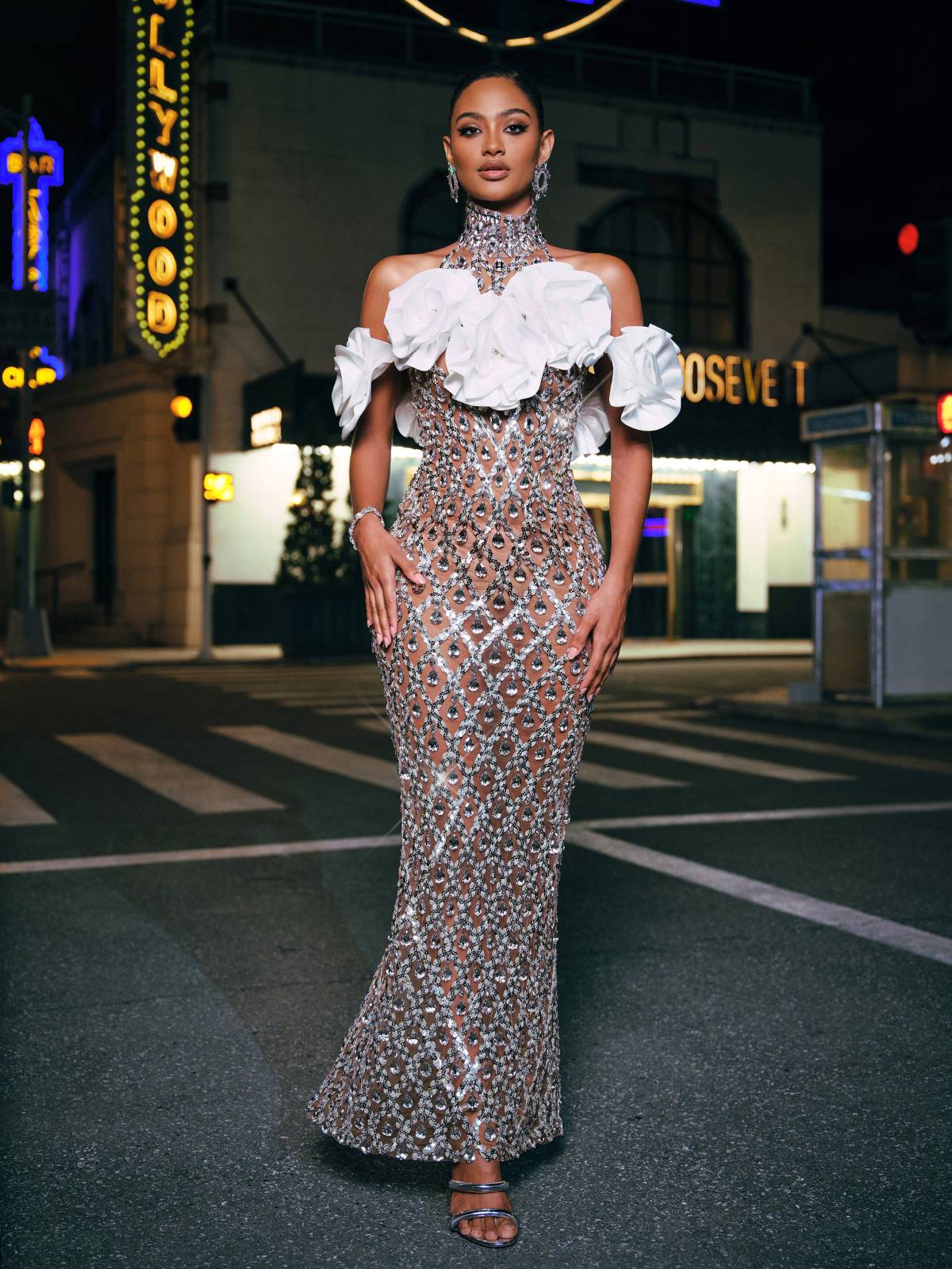 Flower Sequin Crystal Column Maxi Gown