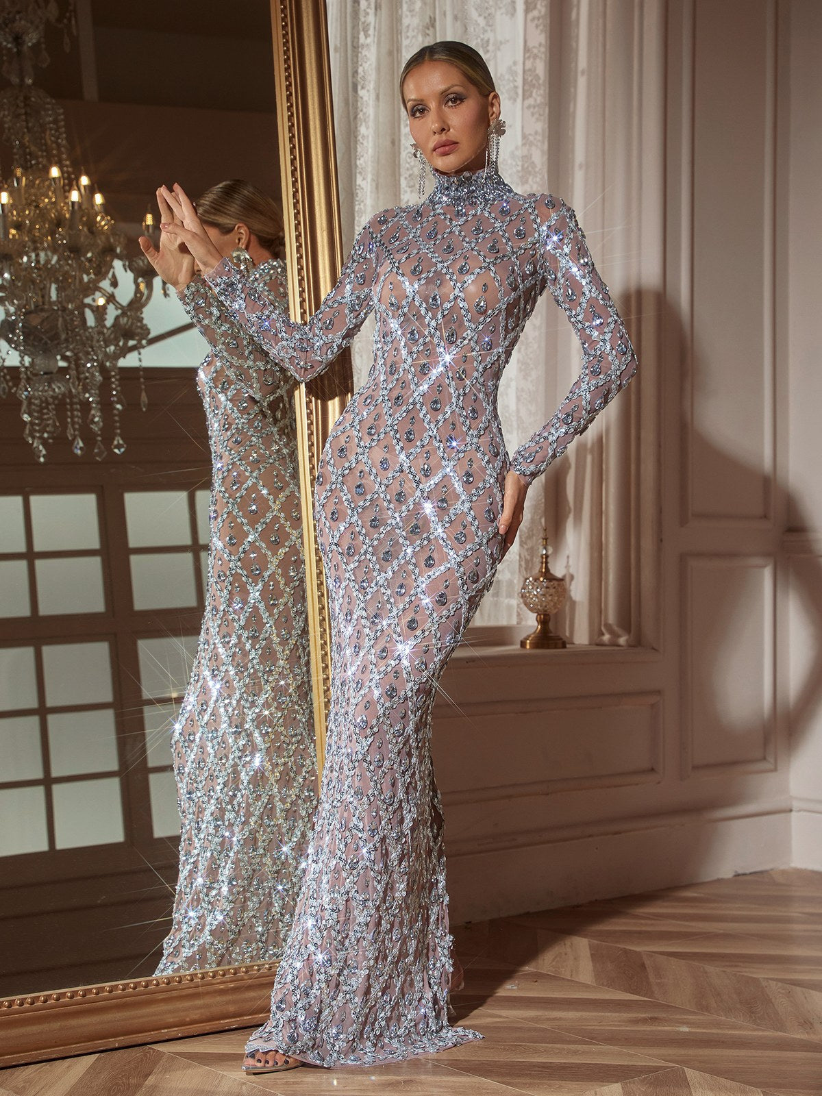 Mock Neck Long Sleeve Sequin Crystal Maxi Gown 5