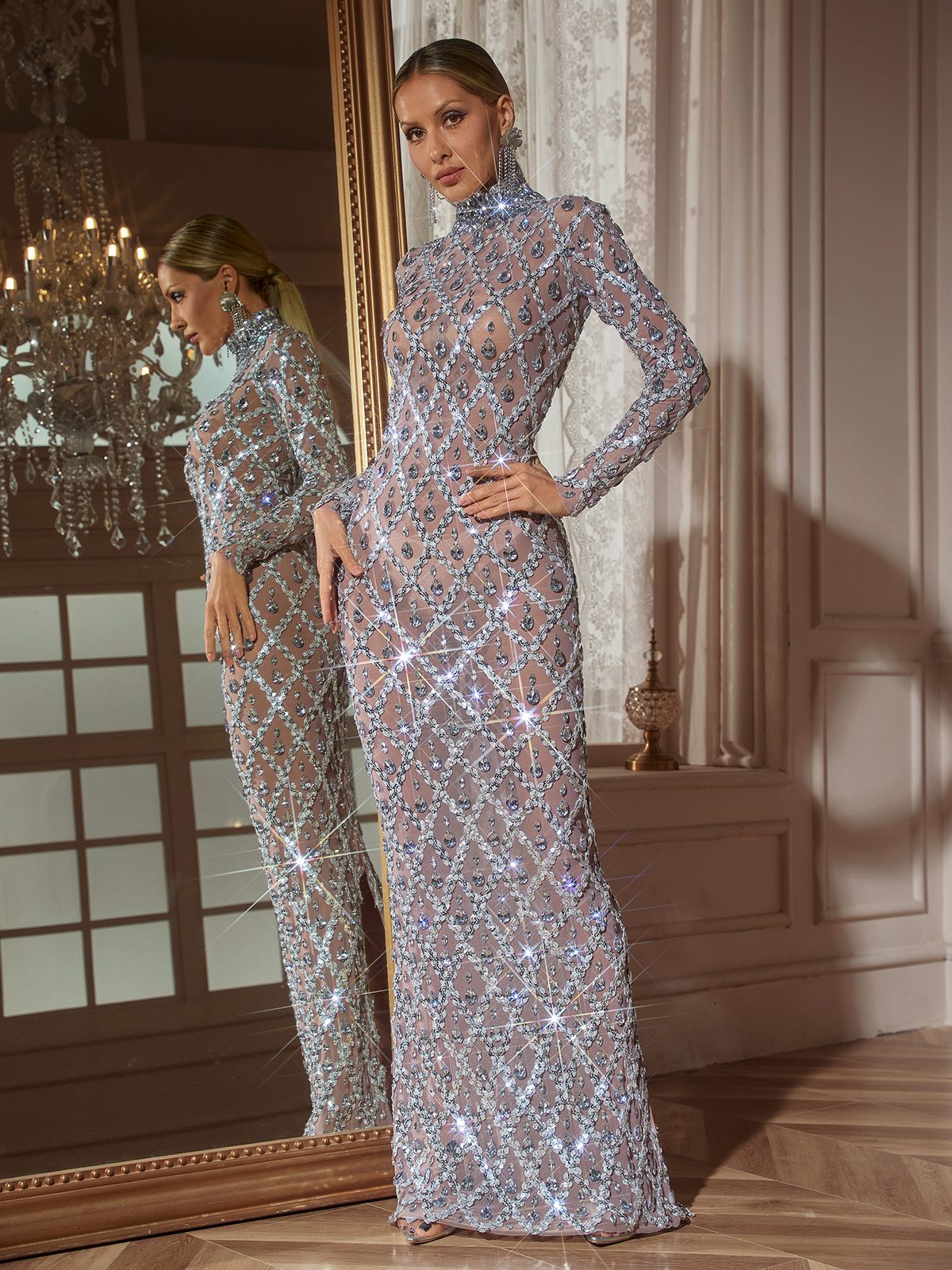 Mock Neck Long Sleeve Sequin Crystal Maxi Gown