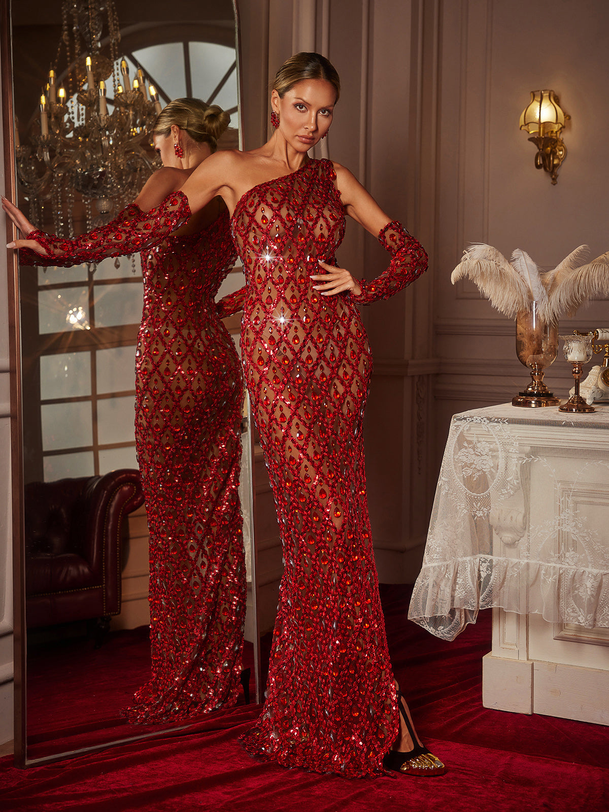 One Shoulder Sequin Crystal Column Maxi Gown With Gloves