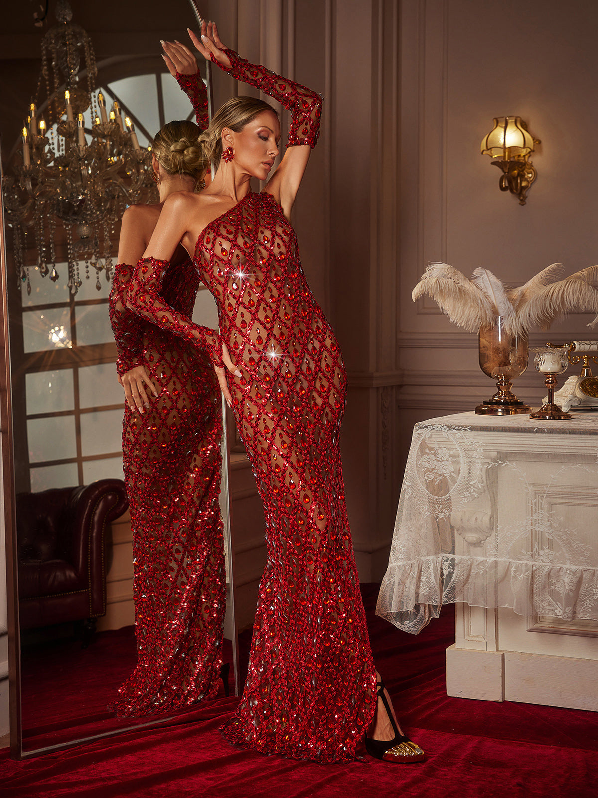 One Shoulder Sequin Crystal Column Maxi Gown With Gloves 5