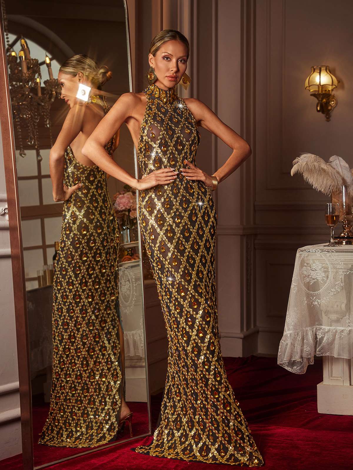 Strapless Crystal Grid Fringe Maxi Gown