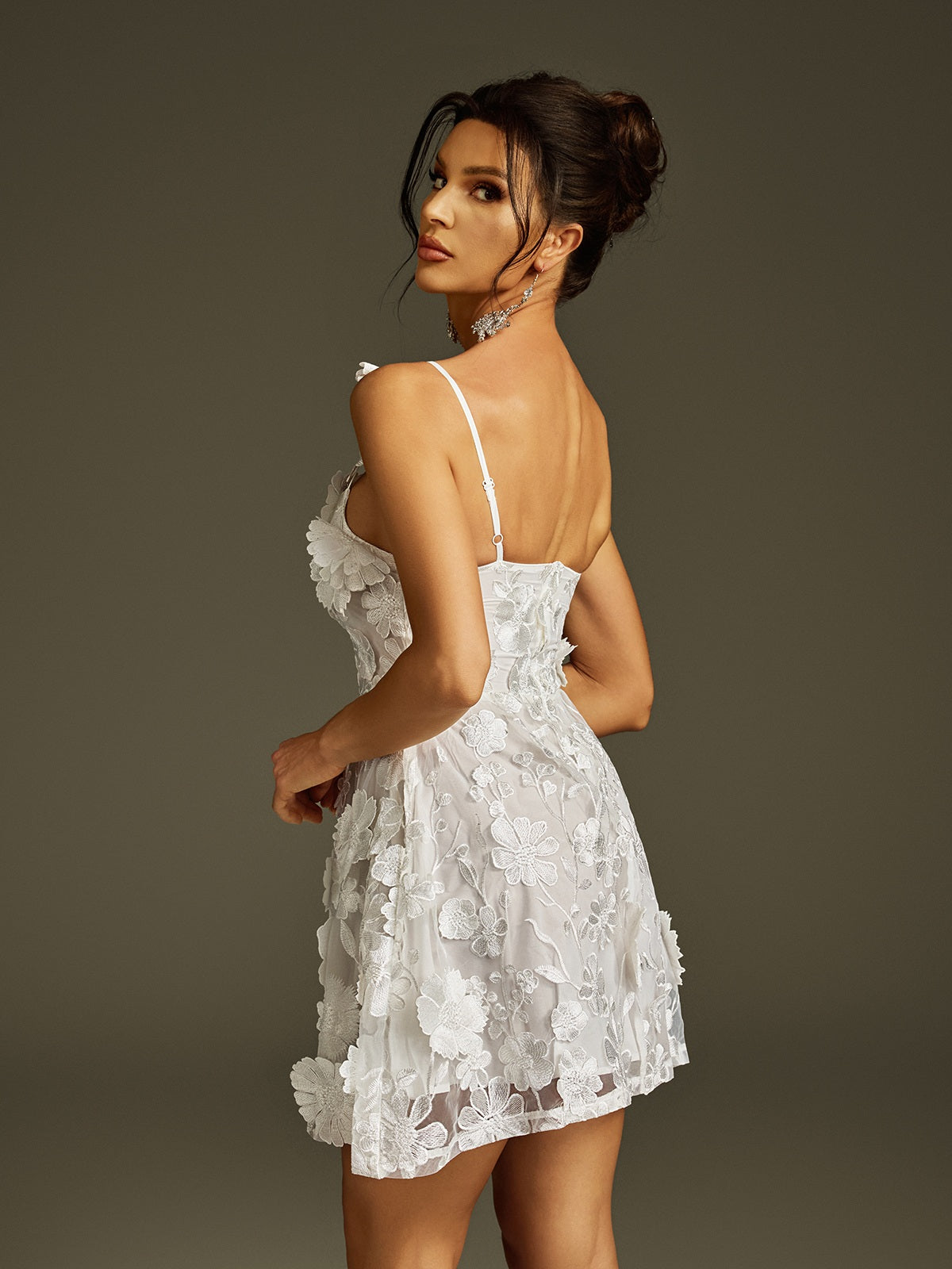 Square Neck 3D Floral Lace Applique A-Line Mini Dress 6