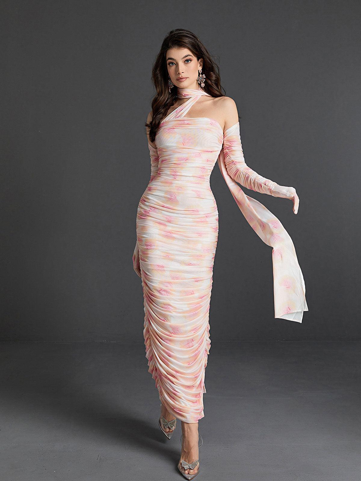 Strapless Ruched Floral Mesh Maxi Dress With Opera Gloves