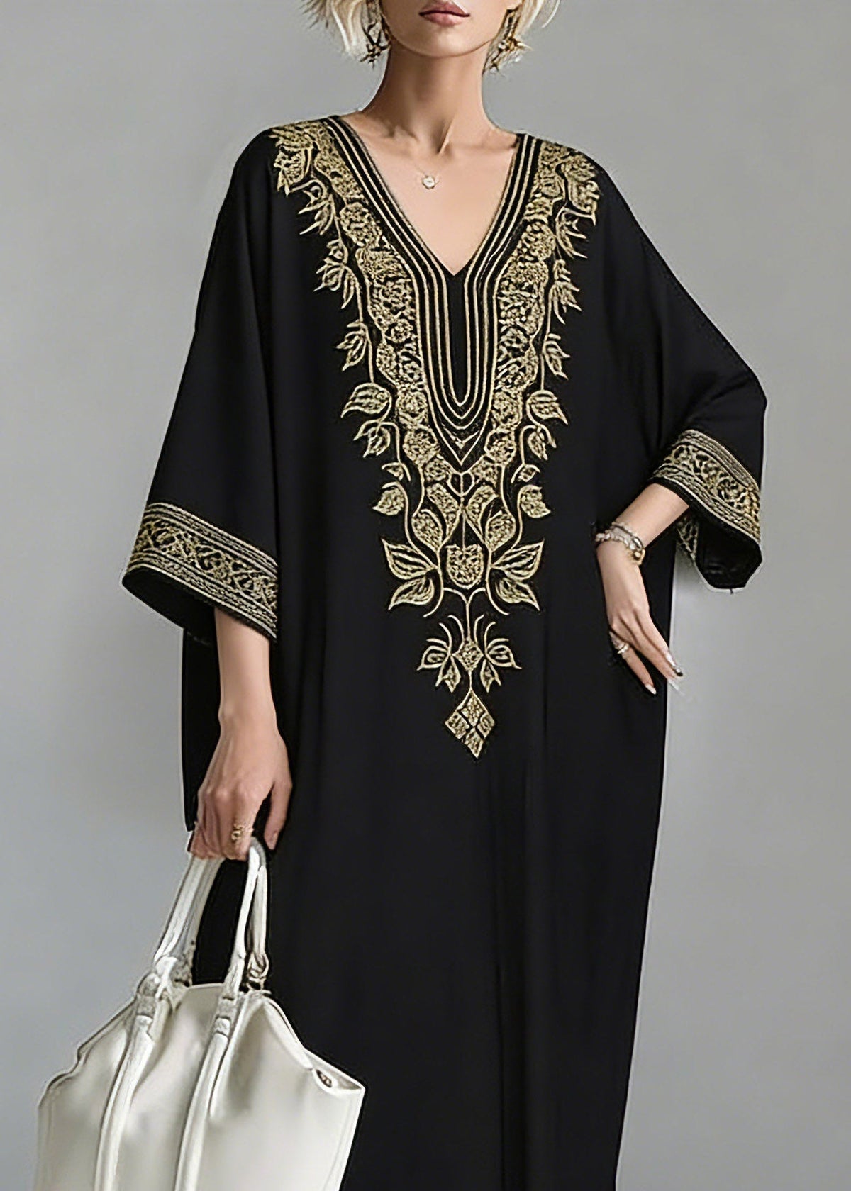 Deep V-Neck Leaf Embroidery Wide Cuff Batwing Sleeve Floor-Length Maxi Dress 2