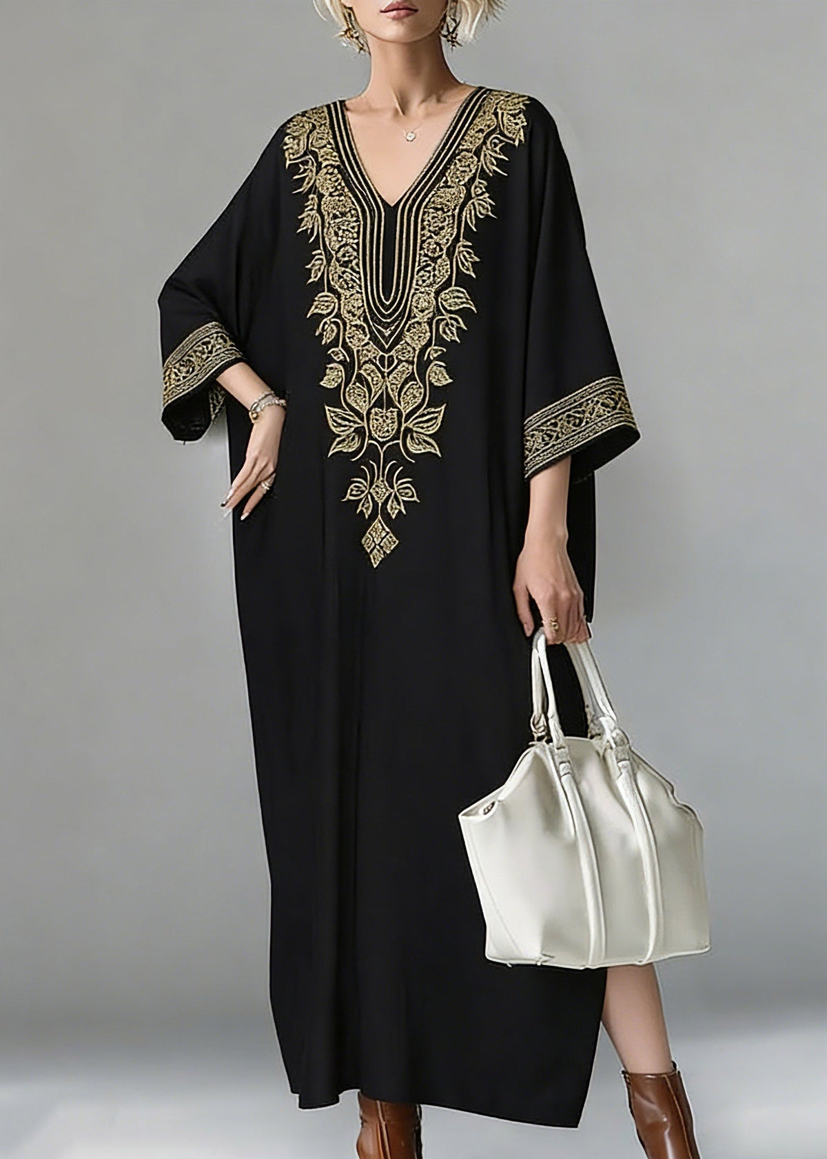 Deep V-Neck Leaf Embroidery Wide Cuff Batwing Sleeve Floor-Length Maxi Dress 3