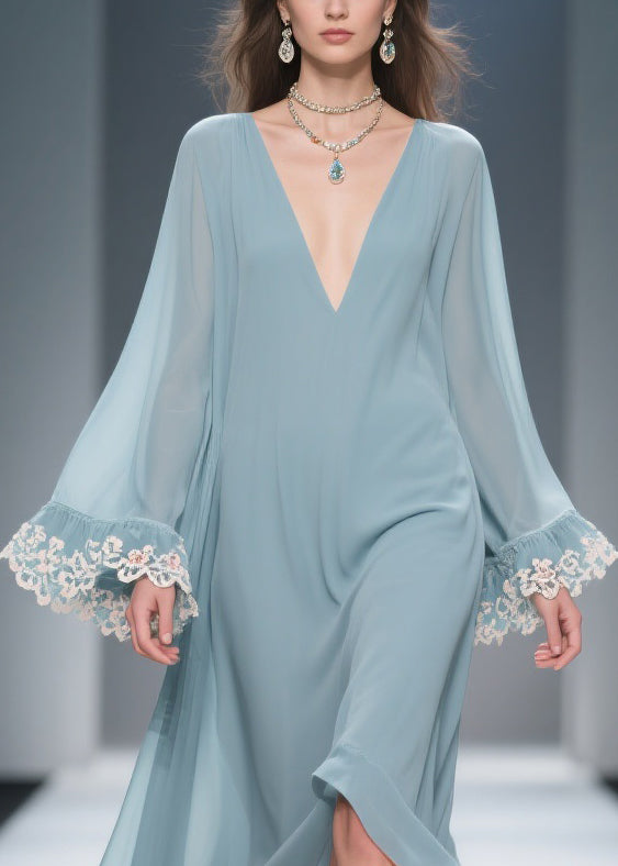 Deep V-Neck Bell Sleeve Lace Cuff Contrast Lining Chiffon Maxi Dress 2