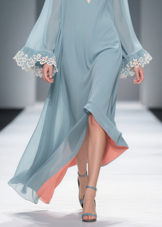 Deep V-Neck Bell Sleeve Lace Cuff Contrast Lining Chiffon Maxi Dress 4