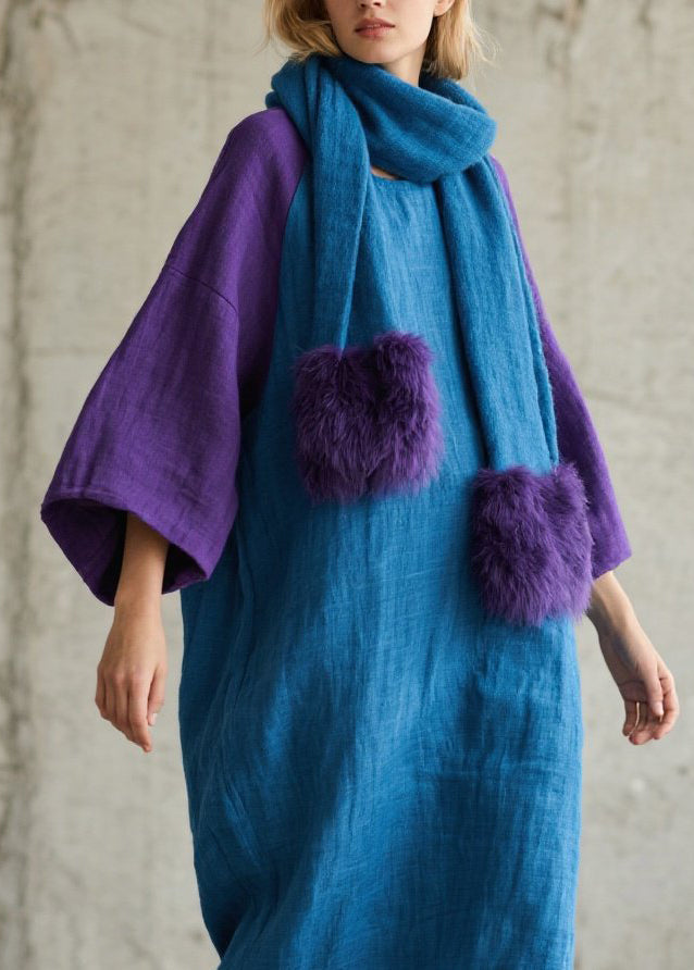 Oversized Linen Colorblock Crew Neck Midi Dress with Faux Fur Pom Scarf 2