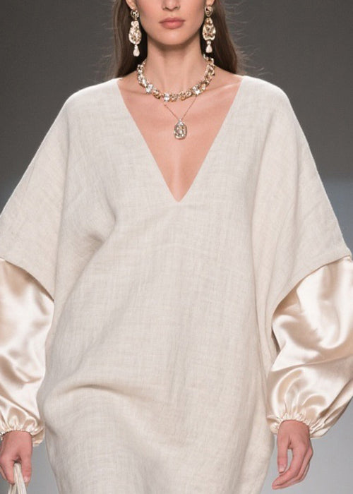Deep V-Neck Lantern Satin Cuff Linen Mini Shift Dress 2