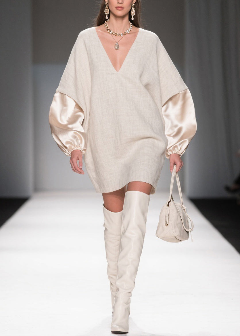 Deep V-Neck Lantern Satin Cuff Linen Mini Shift Dress 3