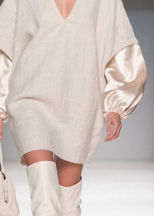 Deep V-Neck Lantern Satin Cuff Linen Mini Shift Dress 4