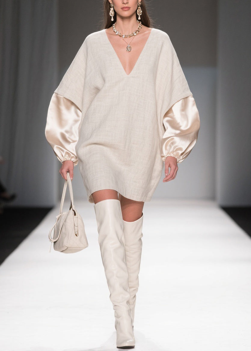 Deep V-Neck Lantern Satin Cuff Linen Mini Shift Dress 5
