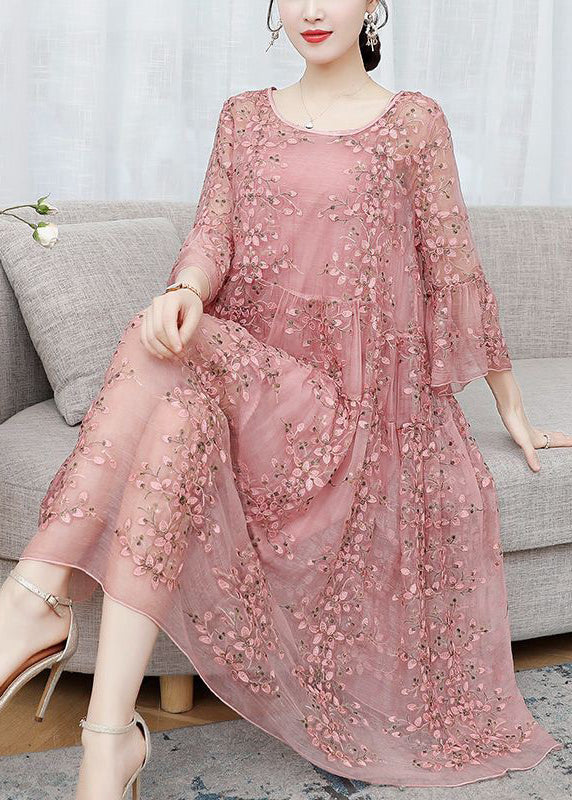 Scoop Neck Tiered Ruffle Cuff Floral Embroidered Sequin Mesh Maxi Dress