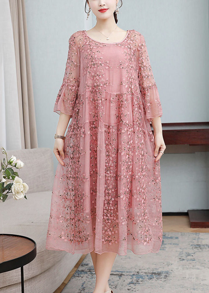 Scoop Neck Tiered Ruffle Cuff Floral Embroidered Sequin Mesh Maxi Dress 3