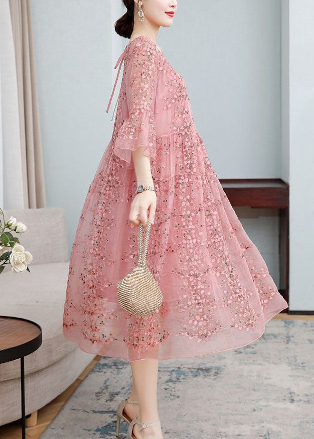 Scoop Neck Tiered Ruffle Cuff Floral Embroidered Sequin Mesh Maxi Dress 5