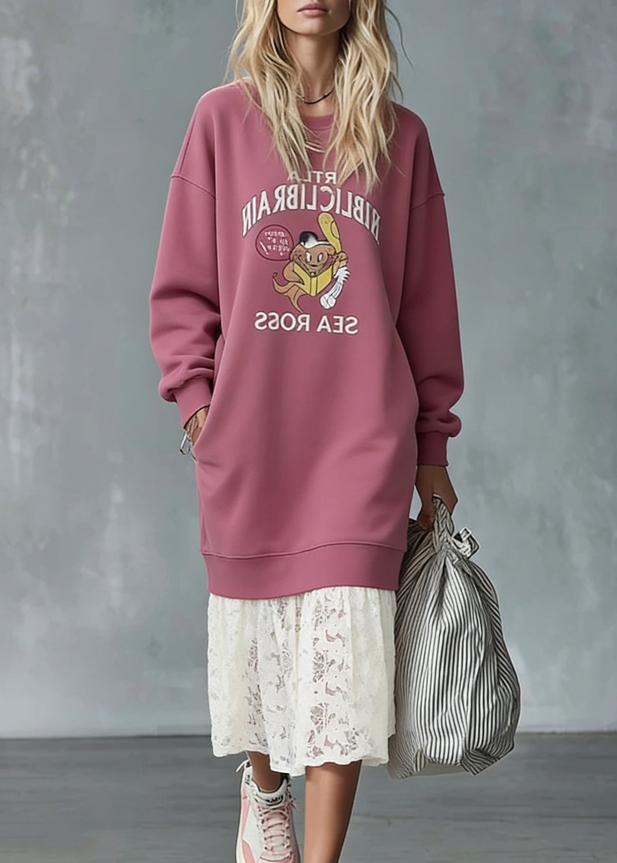 Round Neck Graphic Print Pocket Lace Hem Oversized Sweatshirt Maxi Dress