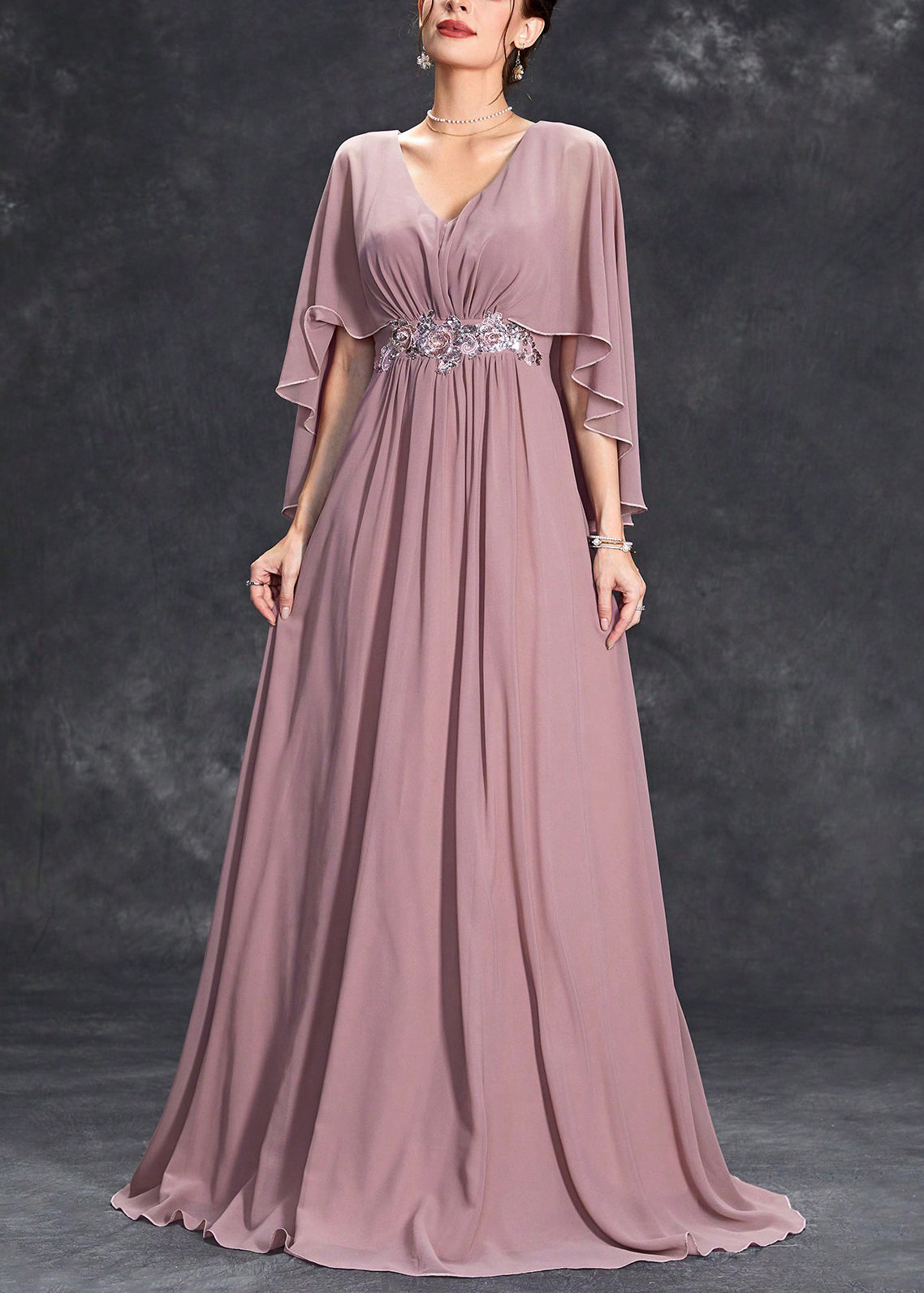 Deep V Neck Cape Sleeve Flutter Chiffon Empire Waist Maxi Gown