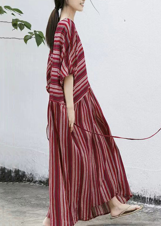 Round Neck Drop Shoulder Horizontal Stripe Gathered Skirt Maxi Dress 4