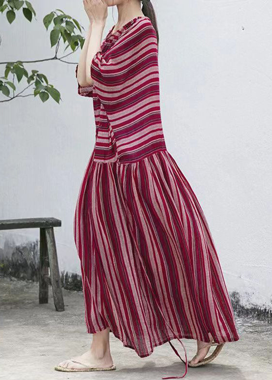 Round Neck Drop Shoulder Horizontal Stripe Gathered Skirt Maxi Dress 5