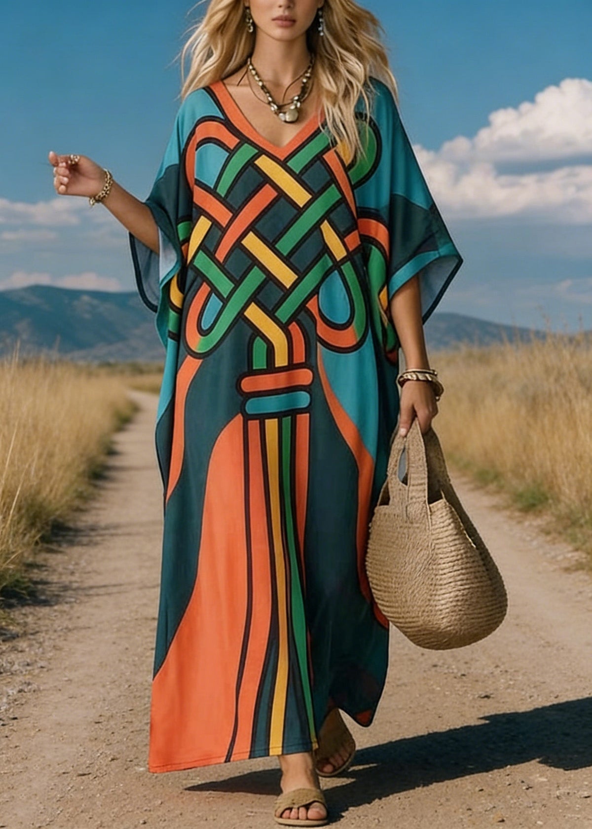 Deep V Neck Graphic Ribbon Print Kimono Sleeve Kaftan Maxi Dress 3
