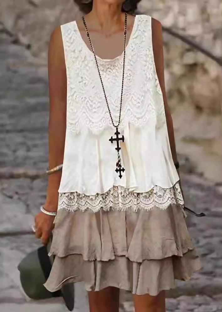 Round Neck Lace Panel Sleeveless Layered Midi Shift Dress