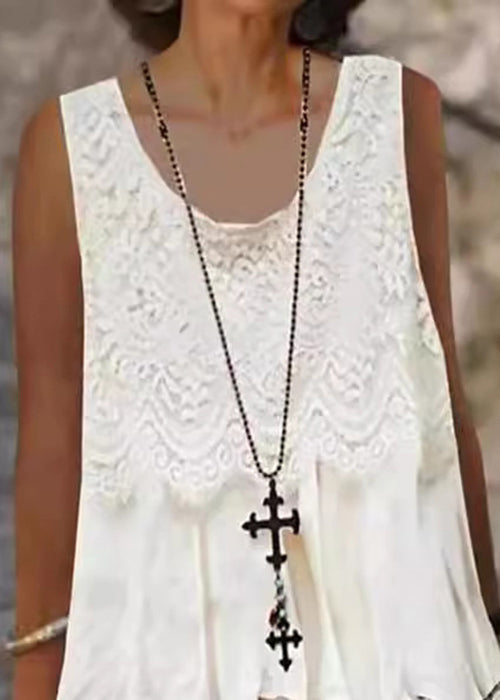 Round Neck Lace Panel Sleeveless Layered Midi Shift Dress 5